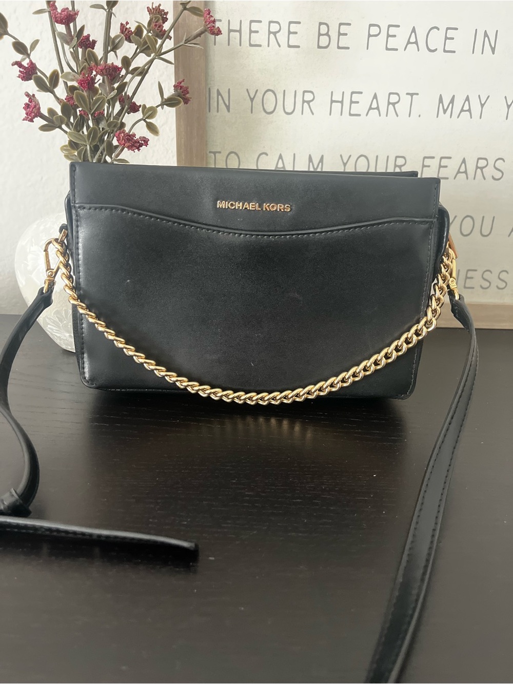 Michael Kors Black Leather Crossbody with Gold Chain